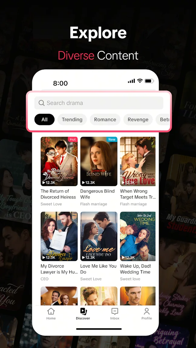 PineDrama Discover screen showing drama categories and series posters